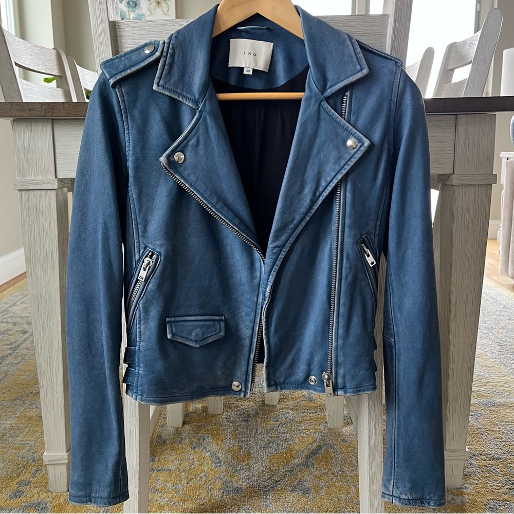 IRO Ashville Distressed Blue Leather Jacket France 36 / US 2 / XS - Picture 1 of 16